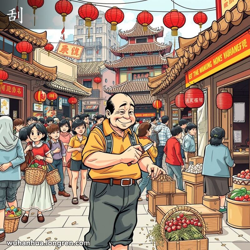 一位中年男子在武汉街头小店前用刀刮削木头，木屑掉落，背景有忙碌的市民。