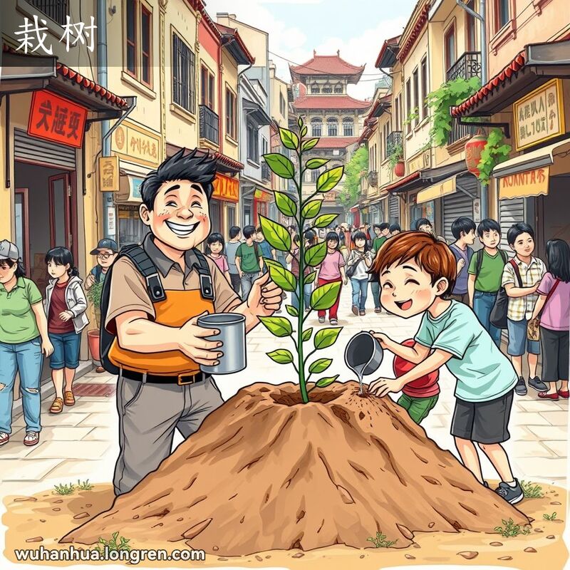 一群武汉市民在街道上共同植树，主角手持树苗，背景有妇女浇水和孩子拍土