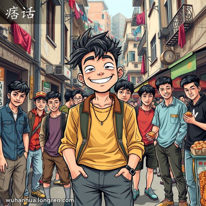 一群年轻人在武汉小巷中，主角露出狡黠的笑容，展现出“痞话”的调皮和流氓气。