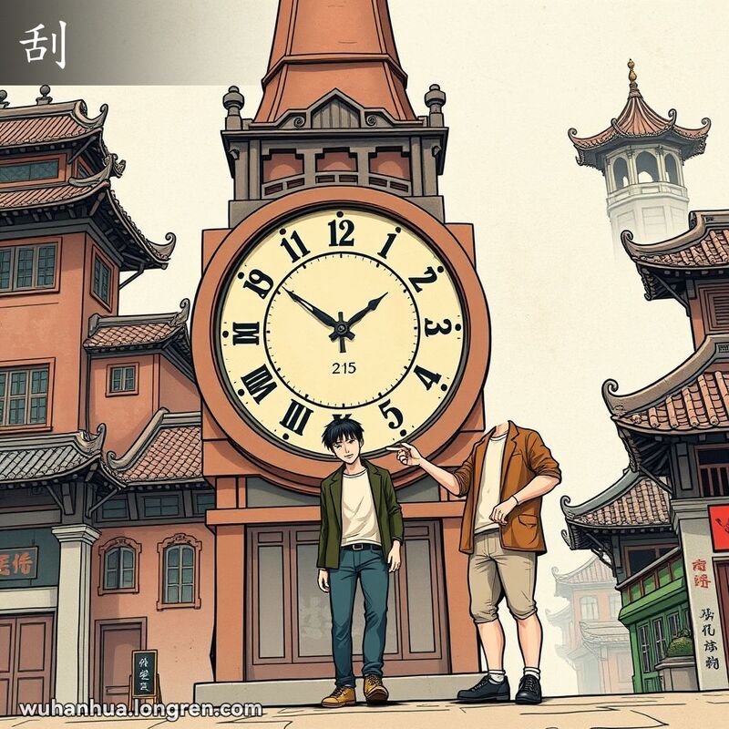 武汉老钟楼显示2:15，一位居民指着钟表，背景是老建筑和传统元素