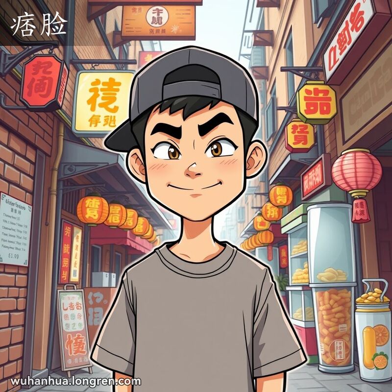 一位年轻男子站在武汉小巷中，脸上带着“痞脸”的表情，背景是武汉老街景