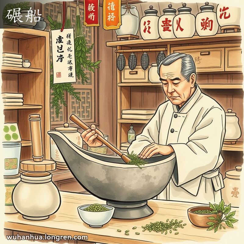 一位中年店主在武汉老城区的中药店里，使用碾船研磨中药材，背景是传统中药店场景