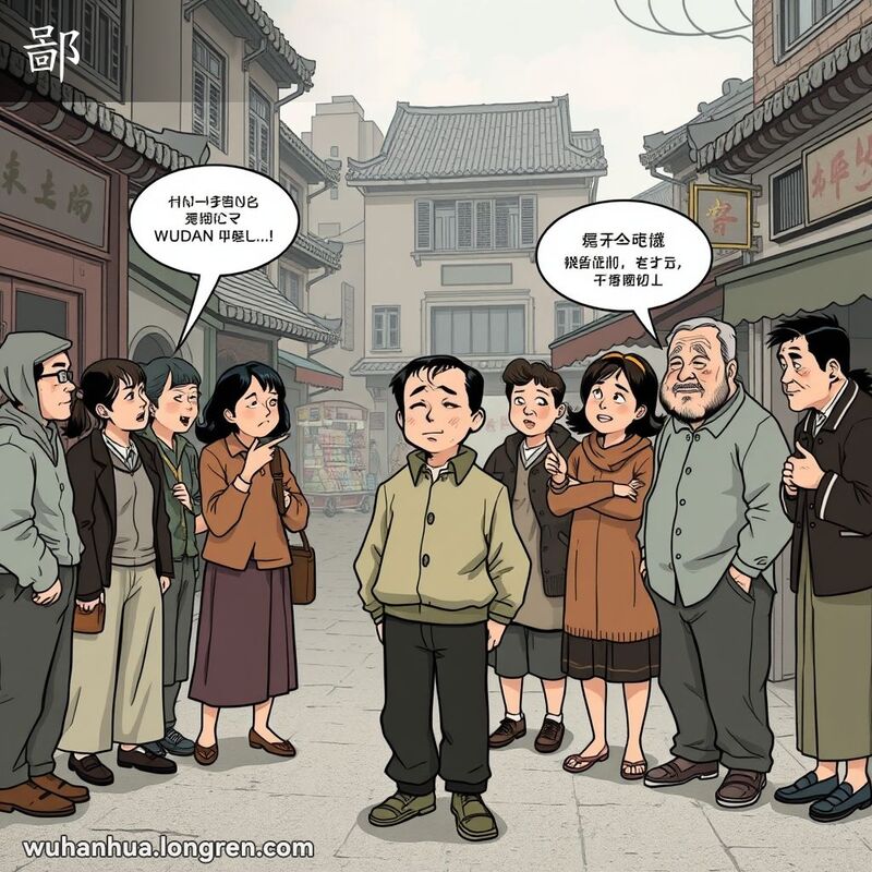 一群人在武汉老街上，主角男子孤立无援，其他人用鄙视的眼光看着他，窃窃私语并指指点点。