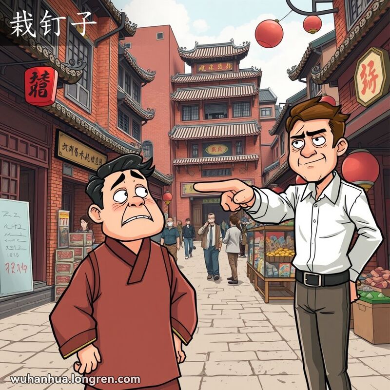 一位穿传统服装的男子在武汉老街上被另一位现代装扮的人指责，表情震惊且愤怒，背景是武汉老街景。