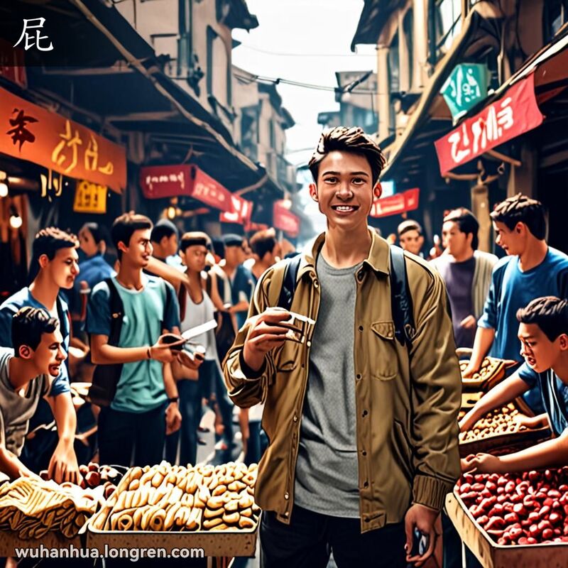 一位年轻男子在武汉街头市场手持空钱包，表情沮丧，背景是热闹的小吃摊和老式建筑。