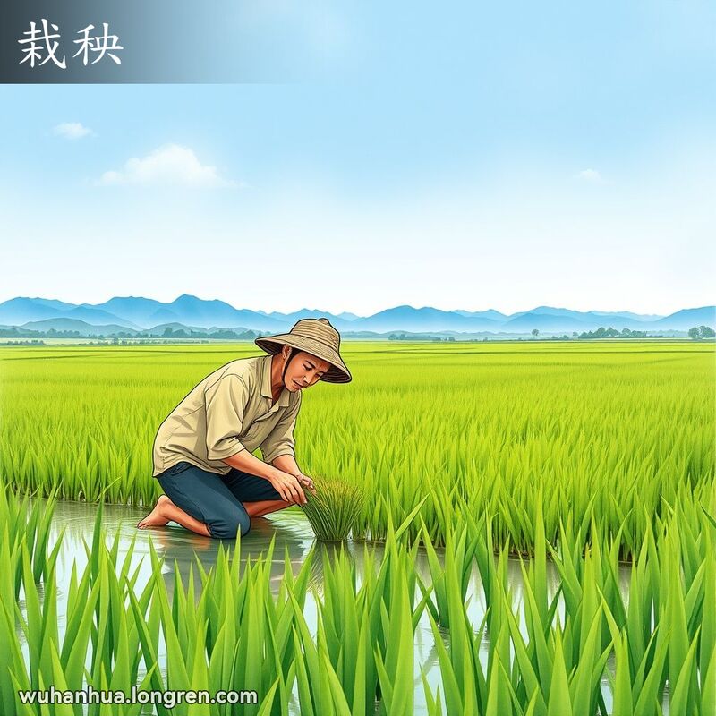 一位农民在稻田中插秧，背景是广阔的稻田和蓝天白云