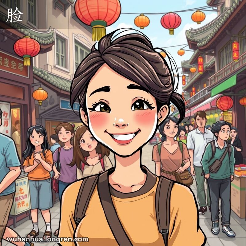 一位年轻女子在武汉街头自信微笑，背景中有传统建筑和街头小贩，人们以敬佩的眼光看着她。