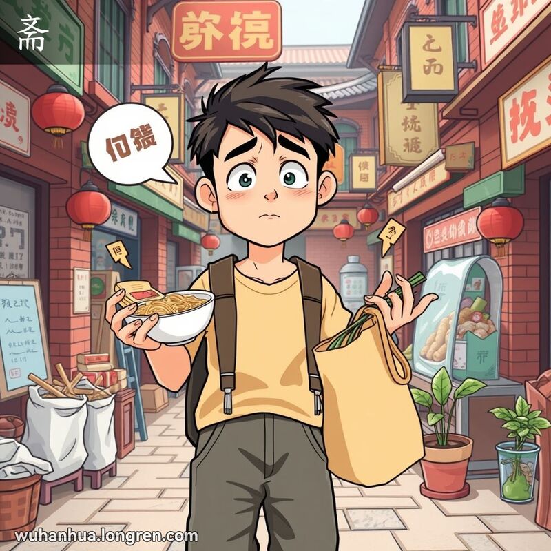 一位武汉年轻人在街市中笨拙地拿着多件物品，背景是武汉老街景