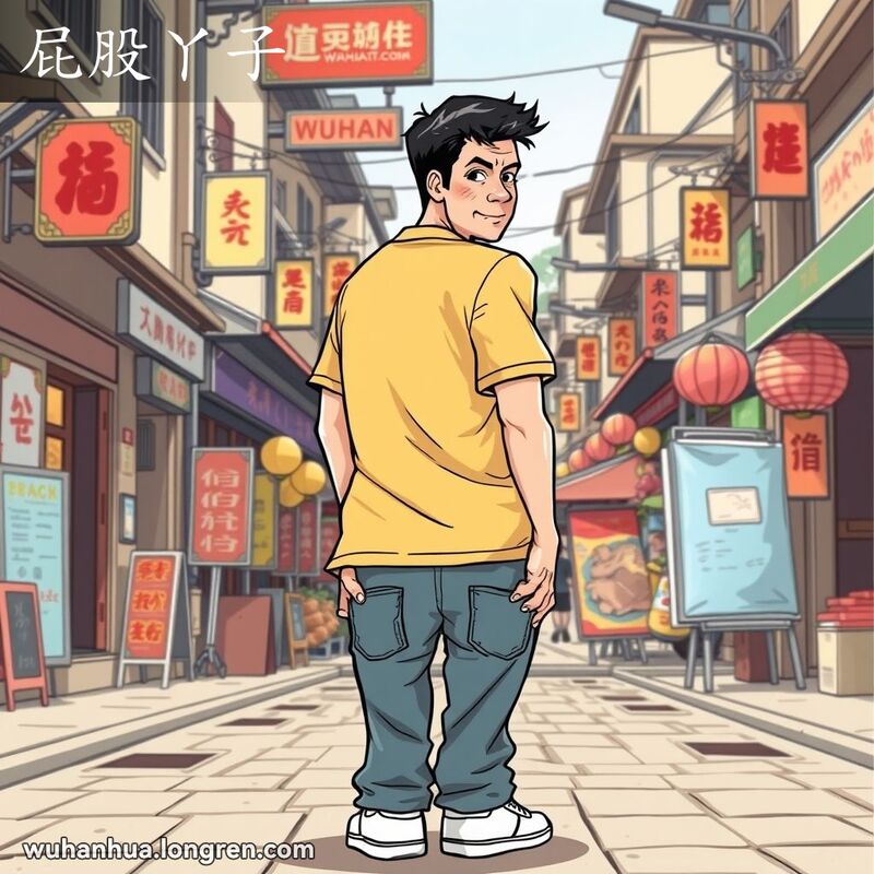 一位武汉男子背对观众，裤子下滑露出屁股沟儿，脸上带着尴尬的表情，背景是武汉老街景
