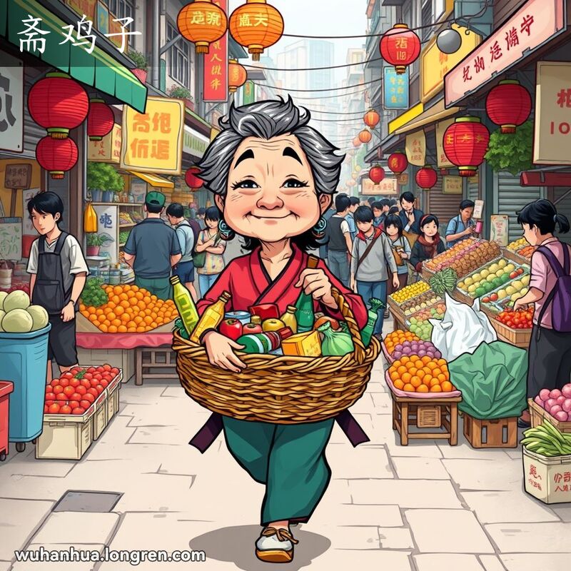 一位中年妇女在武汉街市中手持装满货物的大篮子，背景是热闹的市场摊位和人们的互动