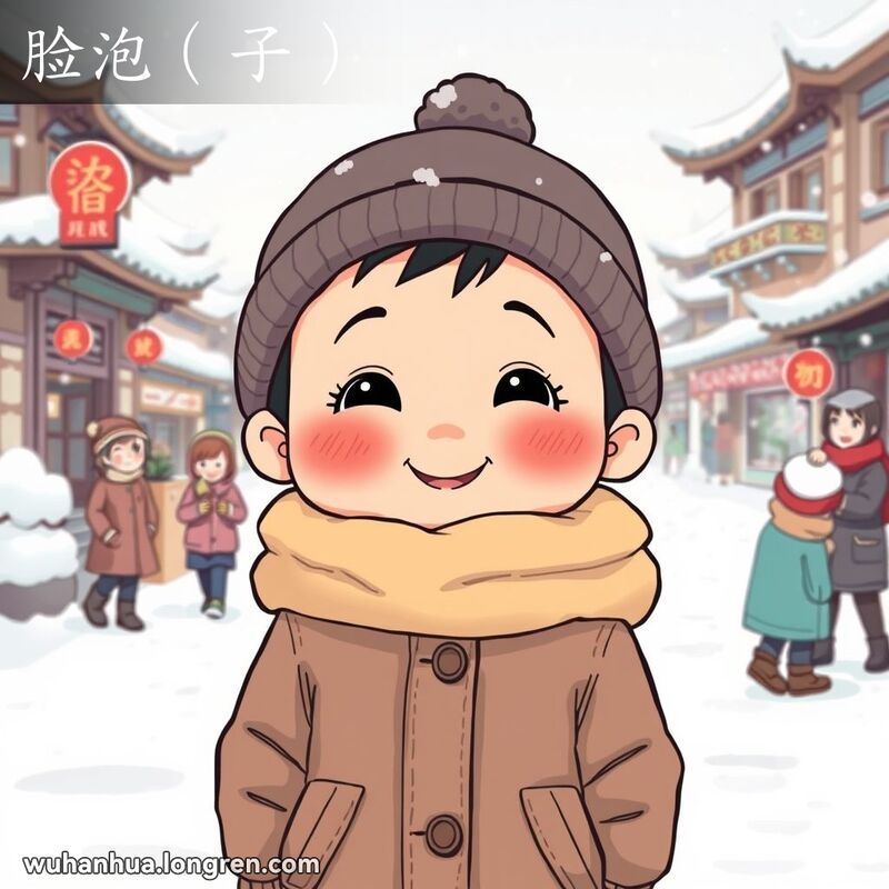 一位武汉孩子在冬天户外，脸颊因寒冷而变得通红，背景是武汉冬季街景