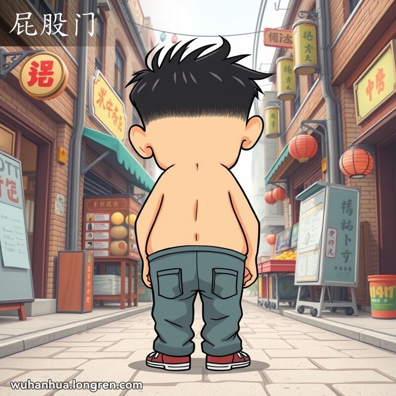 卡通人物背面展示臀部，背景是武汉老街景，表达“屁股门”的含义