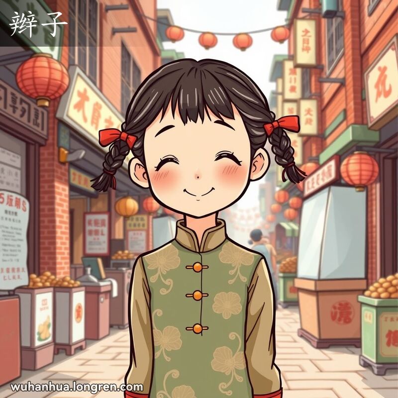 一位武汉小女孩站在市场街道上，头发编成两条辫子，辫子末端系着红色丝带，背景是武汉老街景
