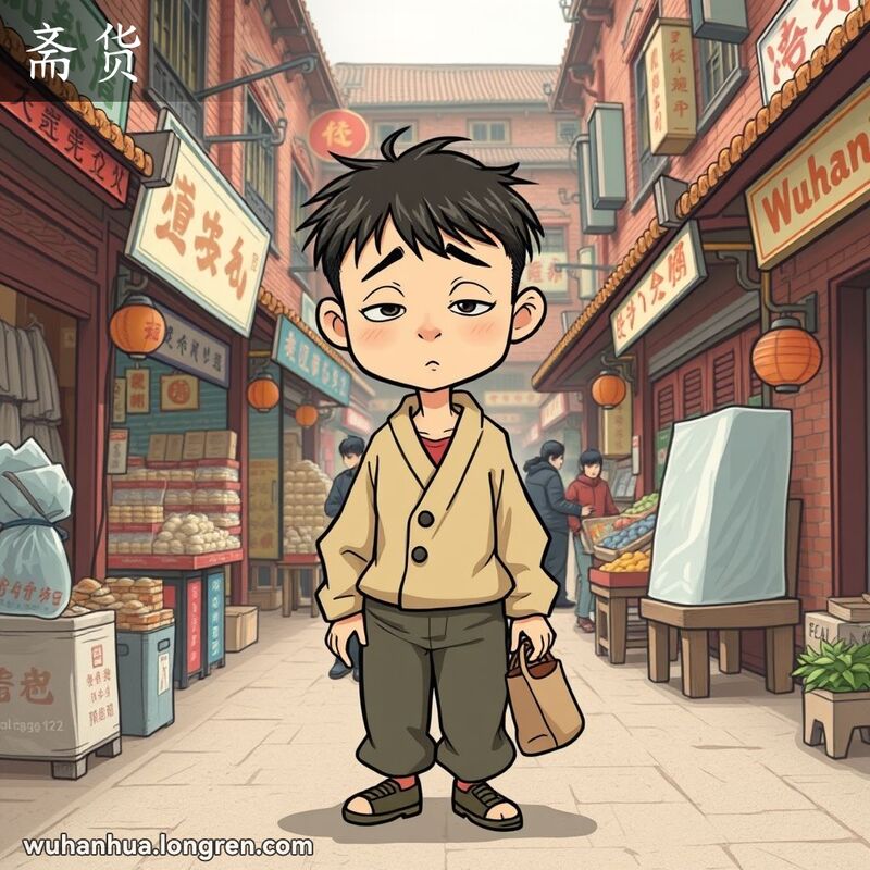 一位软弱无能的人站在武汉街市中，周围是热闹的摊位和老街景，手里拿着破旧的小包