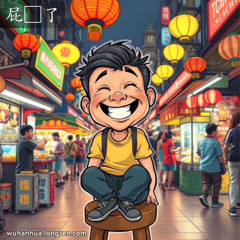 一位武汉市民坐在夜市凳子上，脸上露出得意洋洋的笑容，背景是热闹的街头小吃摊和五彩的灯笼