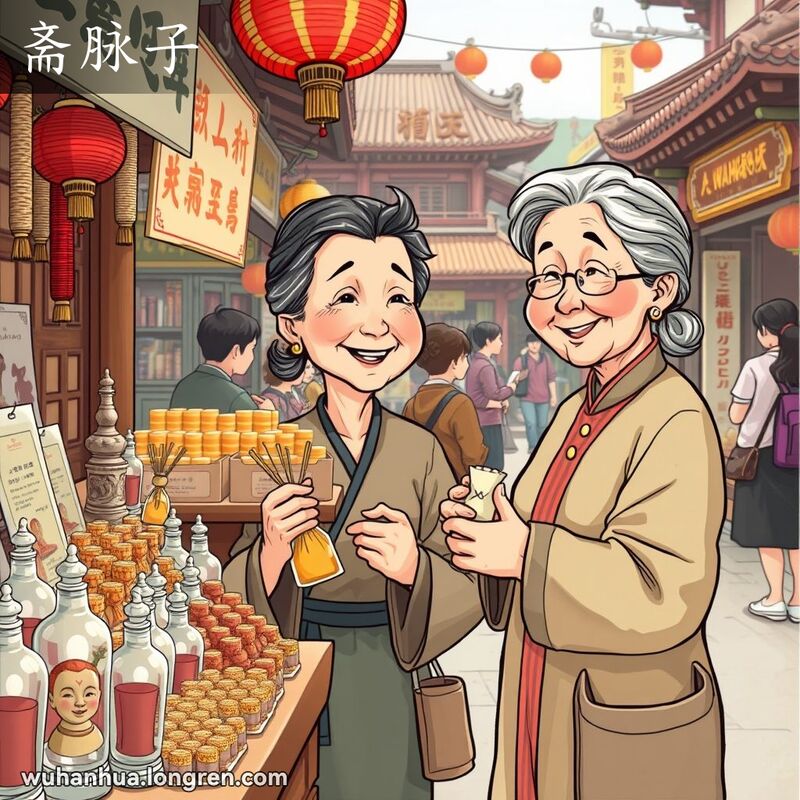 一位中年妇女在武汉街头市场的宗教用品摊位前挑选香火和蜡烛，背景是忙碌的市场和传统建筑