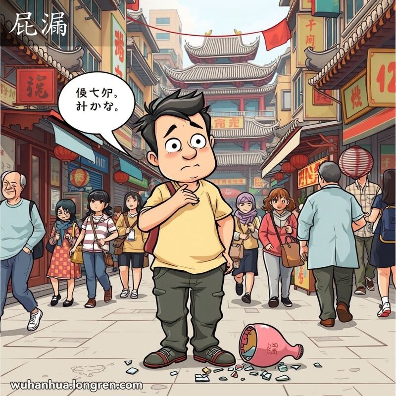 一位武汉男子在街头不小心打破花瓶，露出惊讶和尴尬的表情，背景是繁忙的武汉老街景