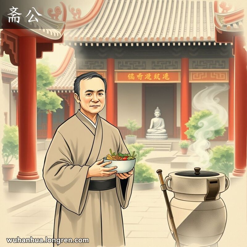 一位中年男子在武汉寺庙中手持素食，面带平静表情，背景是传统建筑和佛像