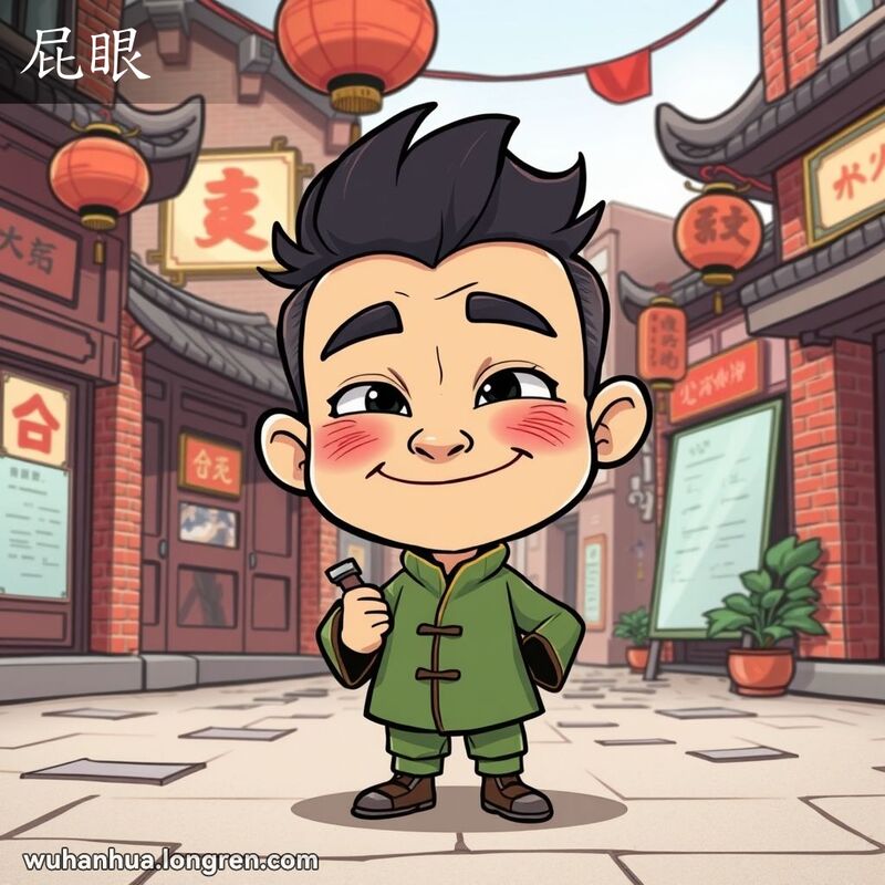 一位武汉市民在街头，表情狡黠，手持小物品，暗示其行为不端，背景是武汉老街景