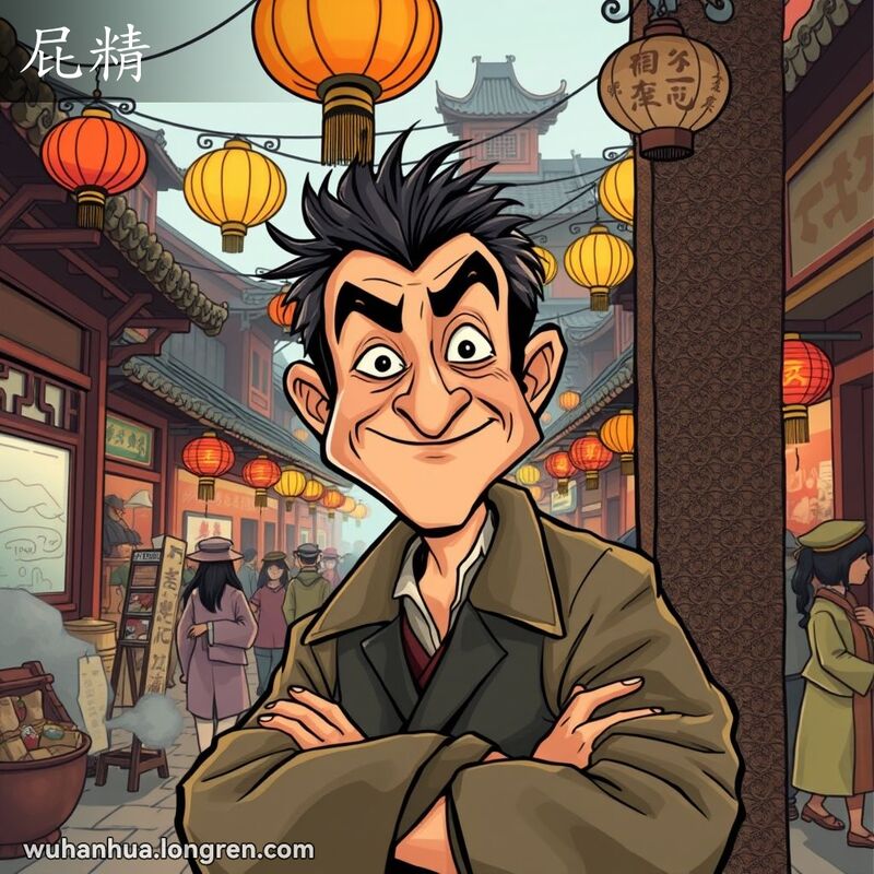 旧时武汉街道，男子倚墙露出狡黠笑容，背景有老式店铺和行人