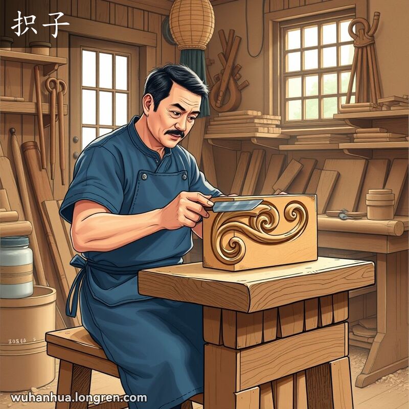 一位武汉工匠坐在工作凳前，手持錾子专注雕刻木块，背景是忙碌的工作坊