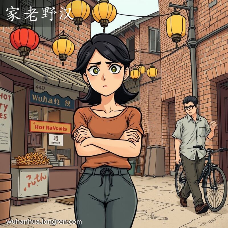 一位中年妇女站在武汉老街前，表情严肃且不满，背景中有一位男子正带着内疚的表情离开