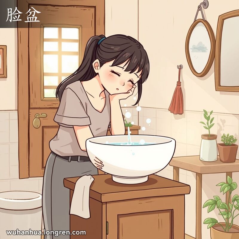 一位年轻女子在传统武汉家庭的洗手间内，使用一个大而圆的白色陶瓷洗脸盆洗脸，背景有小盆栽和镜子。