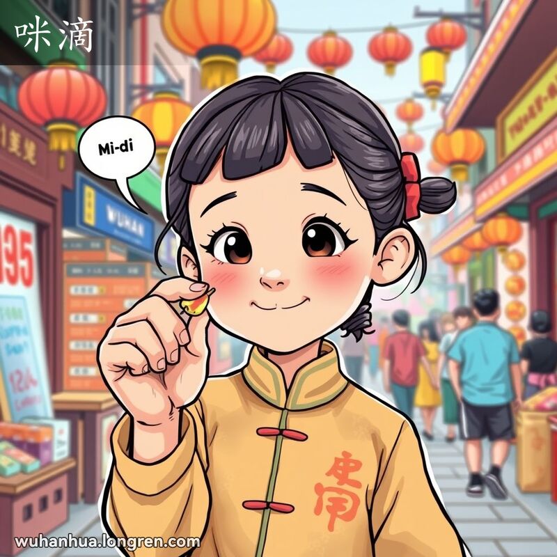 一位武汉小女孩手捏极小的糖果，脸带好奇表情，背景是热闹的街头市场