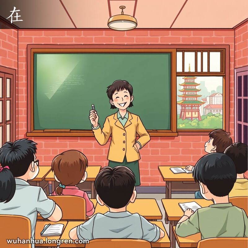 武汉教师在教室里教书，学生们专注听讲，背景是武汉的传统建筑和繁忙的城市景象。