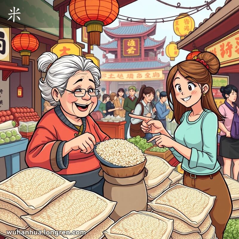 武汉传统市场中，一位老妇人在卖米的摊位前，手持一勺米，准备为顾客服务，背景是热闹的市场场景