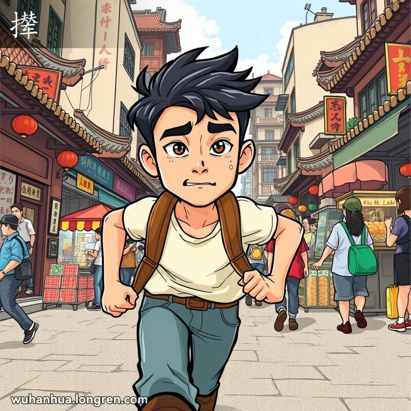 一位年轻人在武汉街头奔跑，试图追赶前方的人，背景是武汉老街景