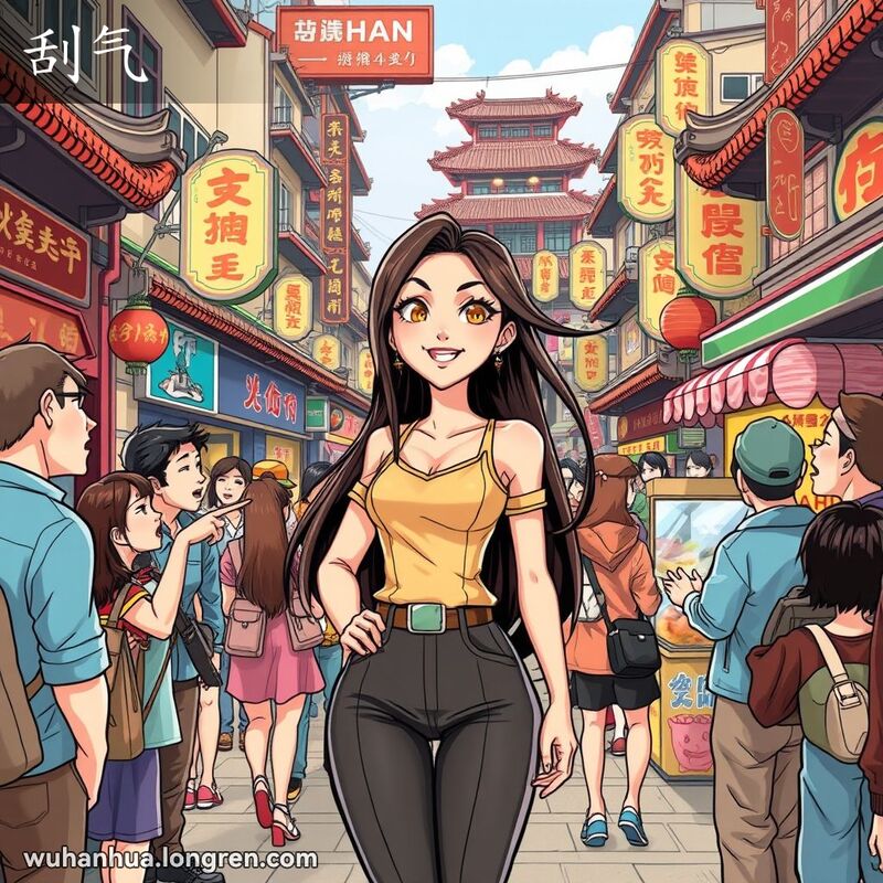 一位美丽的年轻女子站在武汉街头，周围人们纷纷侧目，背景是武汉的老建筑和街头摊贩