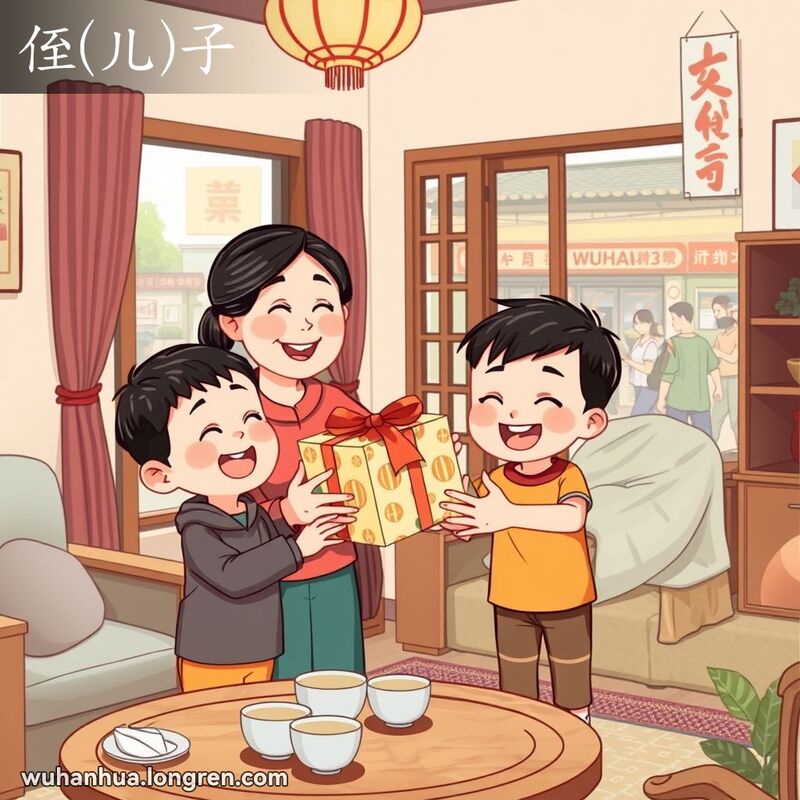 中年妇女在家庭聚会中微笑着将礼物送给她的侄子，背景是温馨的客厅和繁忙的武汉街景