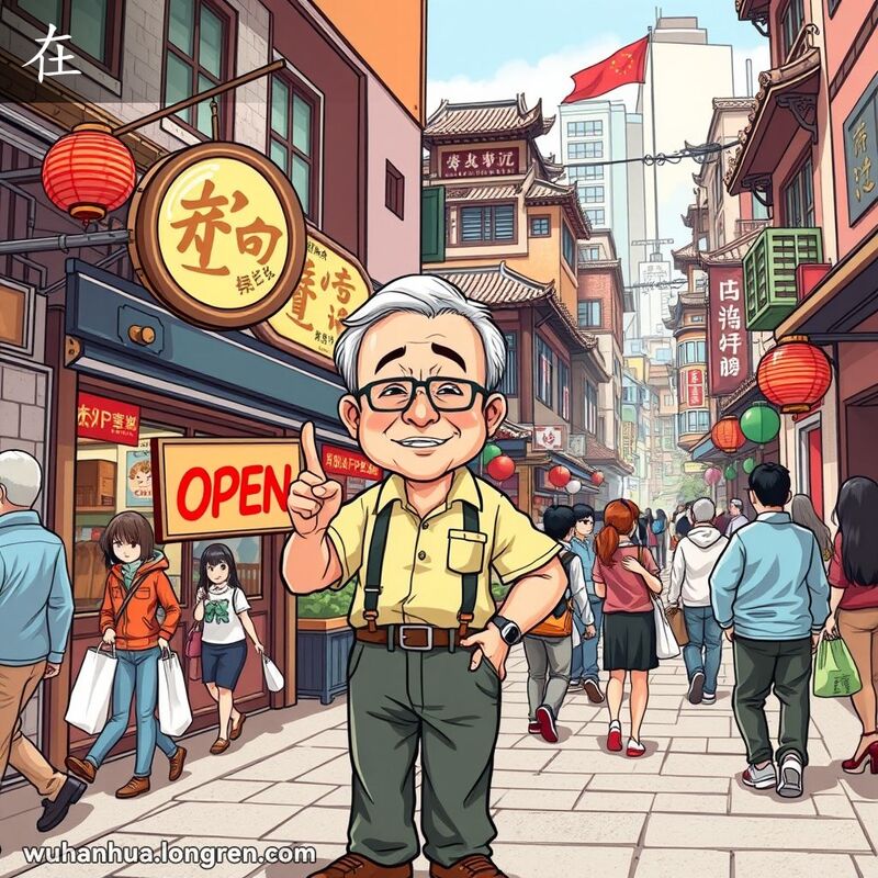 一个中年男子站在武汉街头的餐馆前，指着“营业中”的招牌，背景是武汉的街景，行人来往。