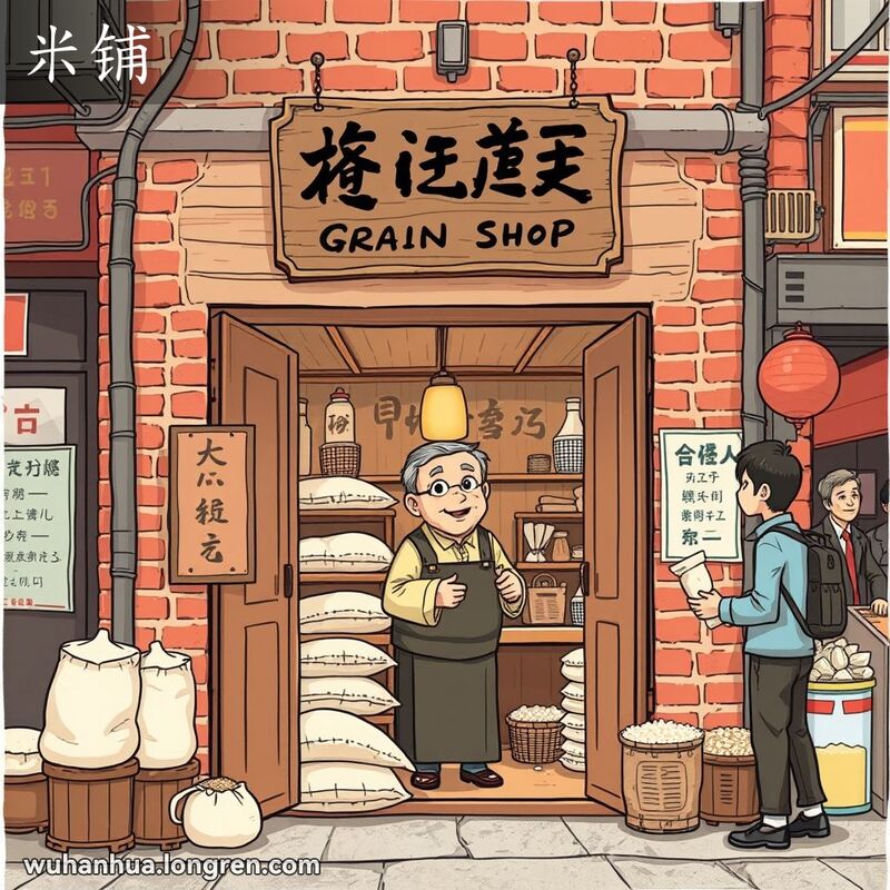 武汉老街上的粮店，店主微笑着面对顾客，背景有红砖墙和老式招牌