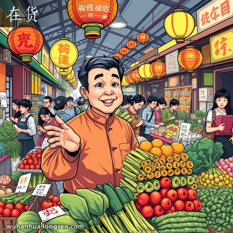 武汉市场中，摊主展示高质量的蔬菜，表示这些是'在货'的正品，背景是热闹的市场景象