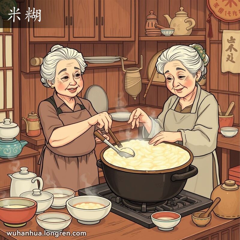 一位奶奶在传统武汉厨房里搅拌米糊，厨房温馨，桌上摆放着碗和勺子。