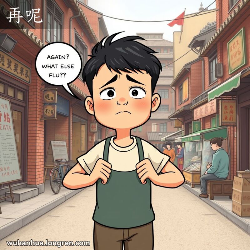 一位站在武汉老街上的人，双手叉腰，表情显得沮丧和愤怒，仿佛在说“再呢”，背景是武汉老街景