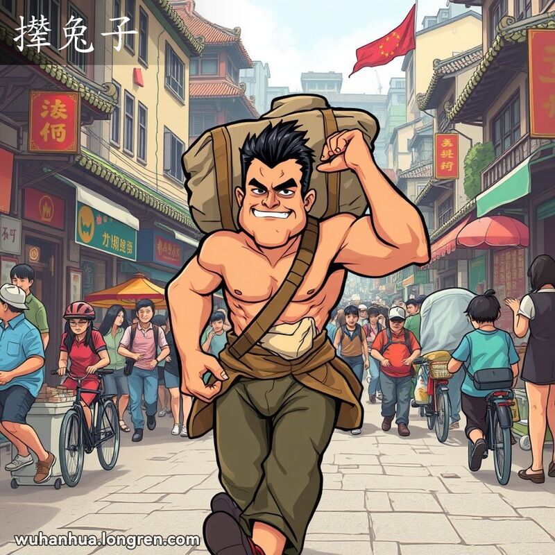 一位强壮的男子在武汉街头背着重物匆匆走过，背景是老建筑和街头小贩