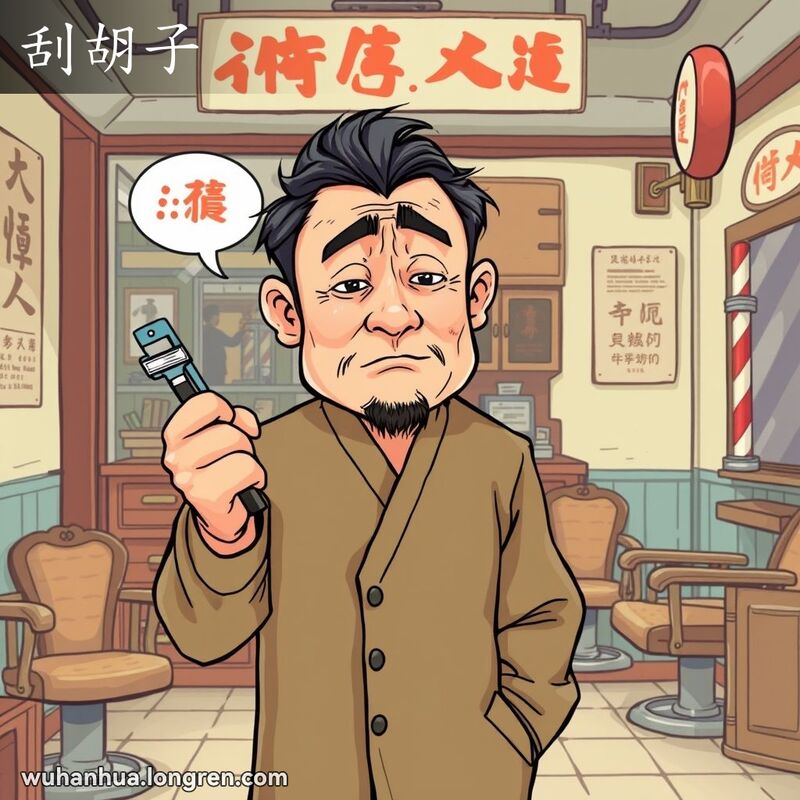 一位中年男子在复古理发店里试图刮胡子但失败，脸上露出失望的表情，背景是老式理发店