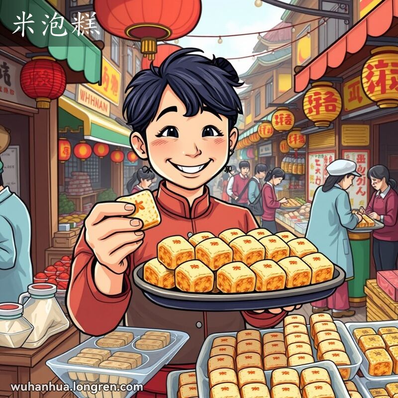 武汉街市摊贩展示米泡糕，背景有其他小吃摊位，画面热闹。