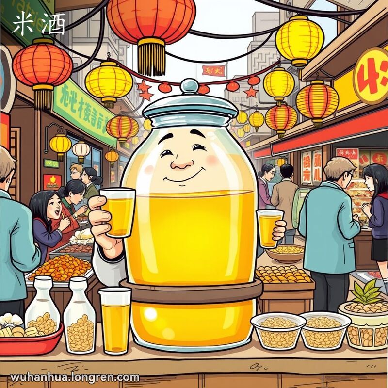 武汉街头市场，摊位上展示甜米酒，摊主微笑递酒，背景有其他摊位和彩色灯笼