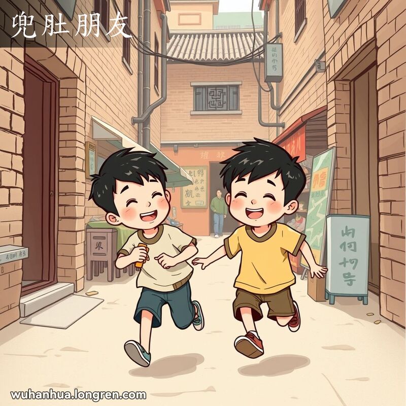 两个小男孩在武汉老巷子里一起玩耍，背景有红砖墙和小店铺，展现儿时朋友的温馨场景