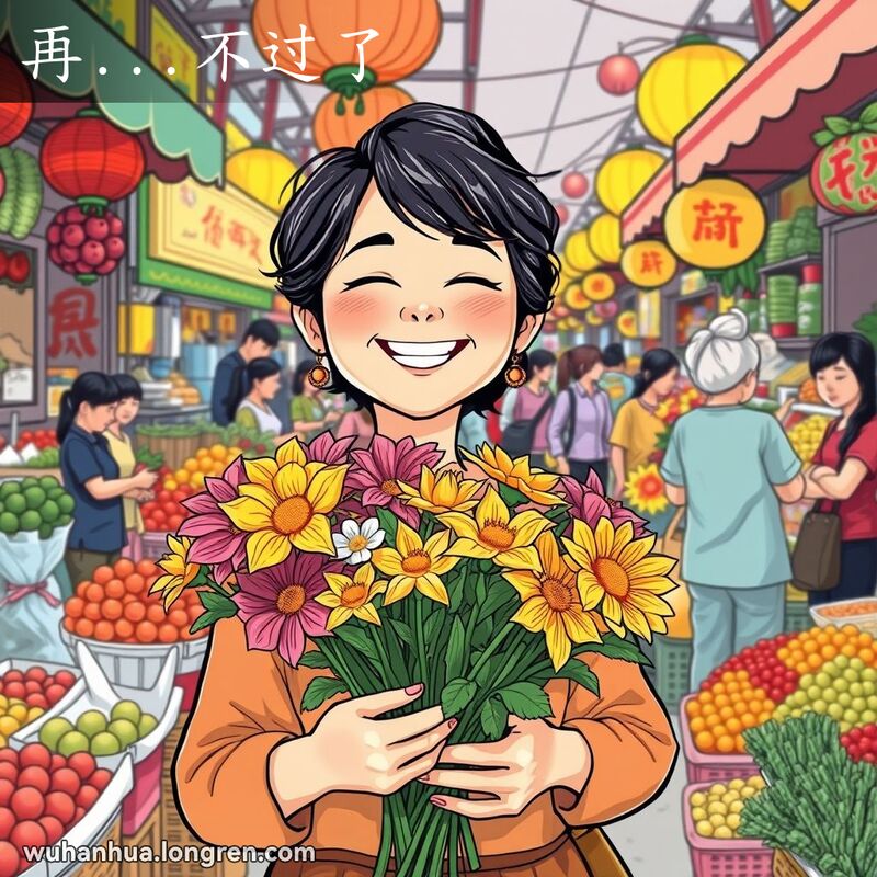 一位武汉妇女在市场中手持鲜花，露出极度满足的表情，背景是繁忙的市场