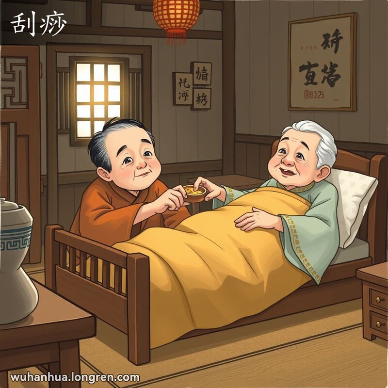 一位老人躺在床上，家人用铜钱蘸油刮背进行刮痧治疗，背景是温馨的家庭场景
