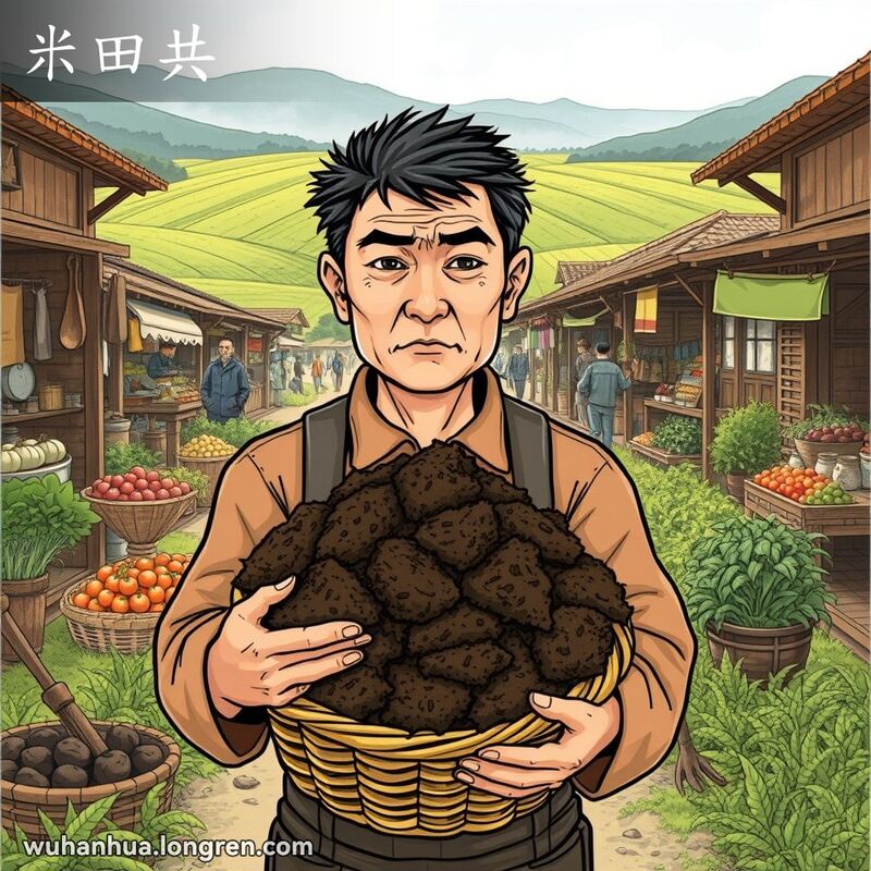 武汉传统市场中，农民手持一篮粪肥，背景是绿色田野和其他摊贩