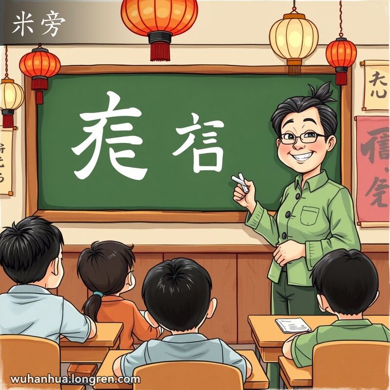 老师在黑板前用粉笔指着带有“米”字旁的汉字，学生们专注地看着黑板，背景是温馨的教室。