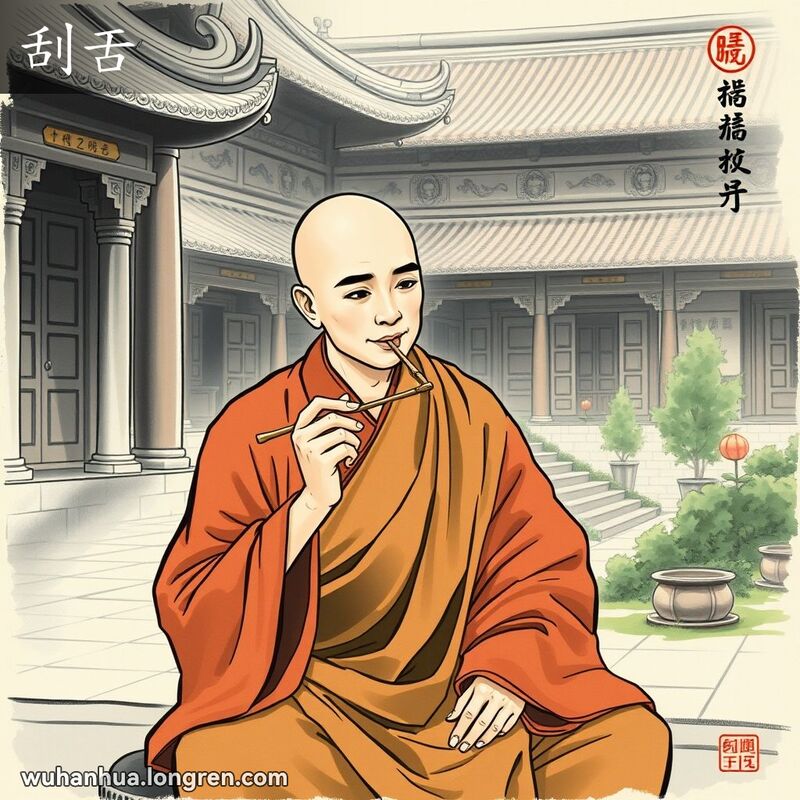 一位佛教僧侣在寺庙庭院中用柳树枝刮舌，背景是古老的寺庙建筑和花园。