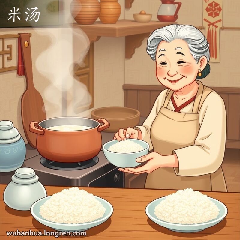 一位奶奶在厨房里倒米汤，旁边有一盘米饭，背景是传统中式厨房