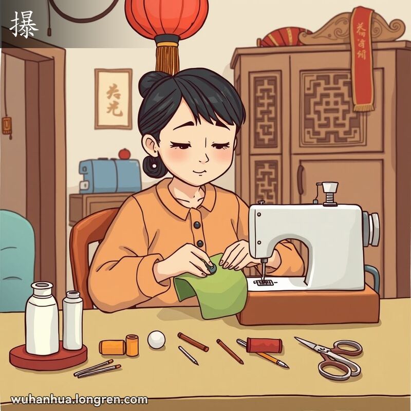 一位武汉裁缝师坐在缝纫桌前，专注地缝制一颗扣子，背景是温馨的传统武汉家庭